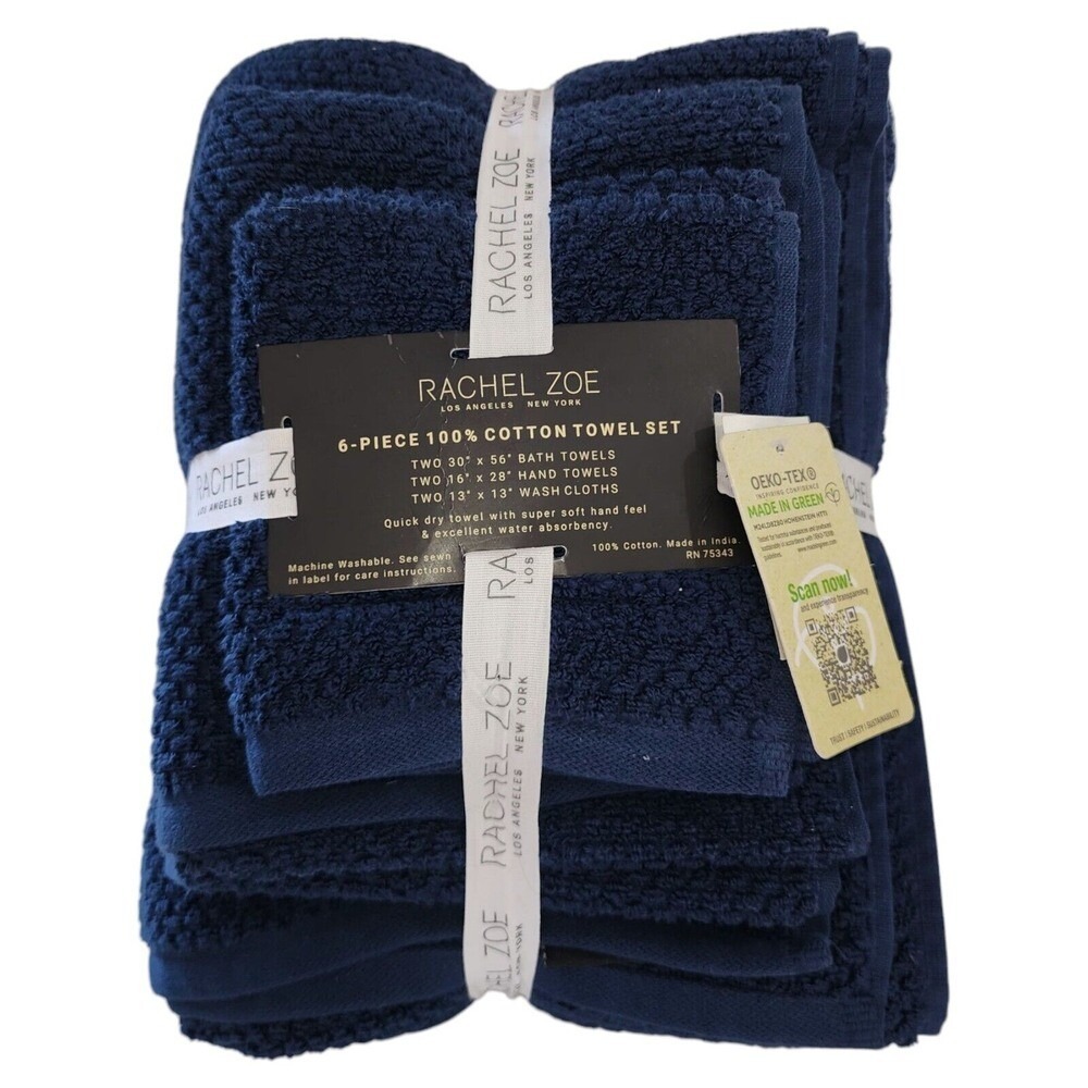 Rachel Zoe 6pc Navy Blue Cotton Towel Set 2 Bath‎ 2 Hand 2 Washcloths Quick Dry